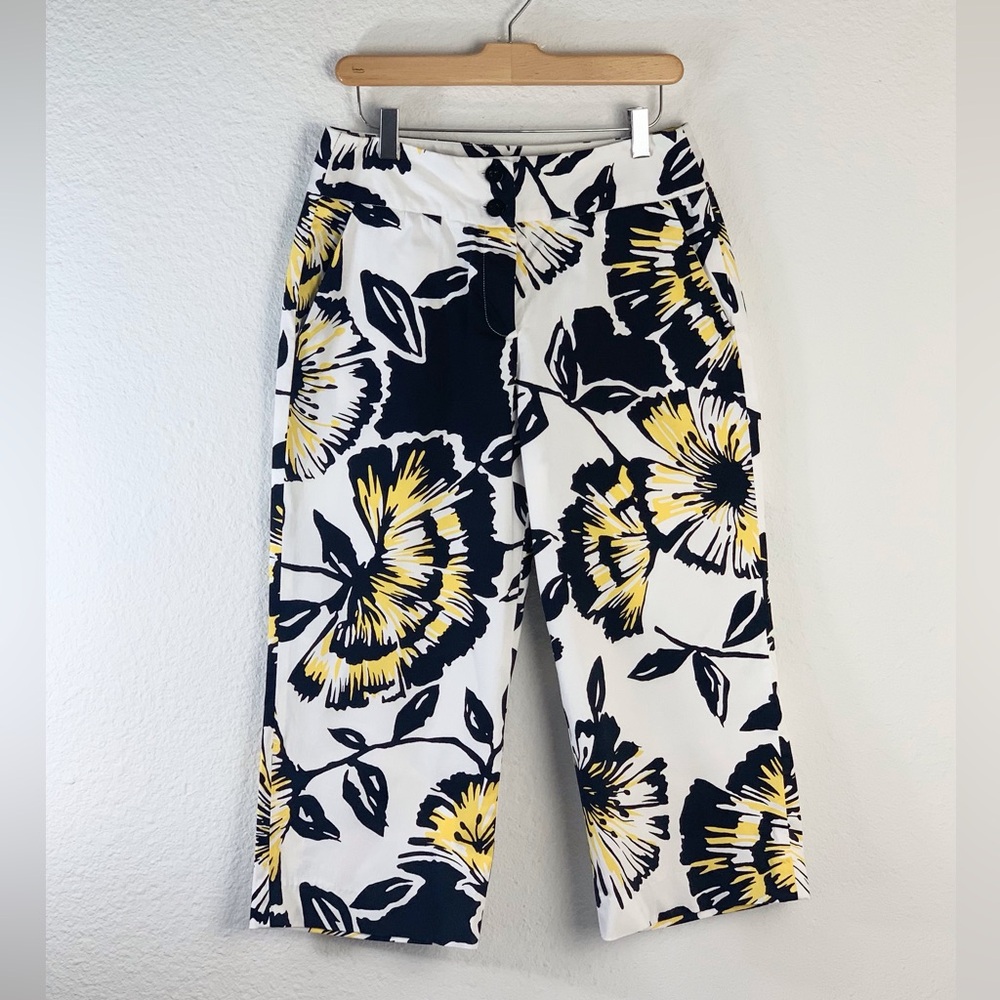 Sandro Sportswear Yellow Black White Floral Wide Leg Crop Pants Sz 6
